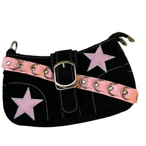 Y2K Black Faux Suede Purse Pink Stars Chain Strap Shoulder Bag Handbag 90’s